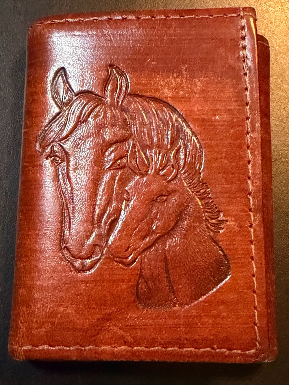 Western Express Horse Embossed Antique Brown Leather Trifold Wallet